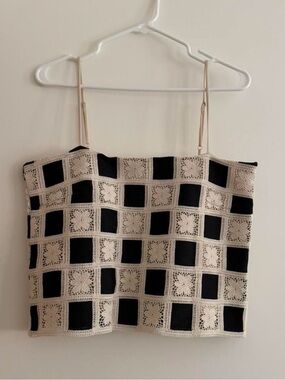 Blue Tassel Crochet Square-Panel Camisole Top - Black & Cream Size Small